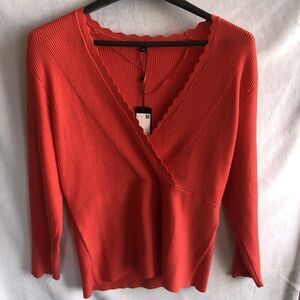 NWT Comma, V-Neck Sweater, Long-Sleeve, Coral/Orange/Red Pullover US Size 12